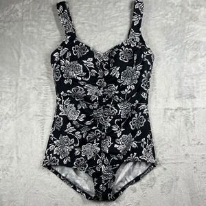 Le‎ Cove Womens Black White Floral Ruched One Piece Swimsuit Tummy Control 14